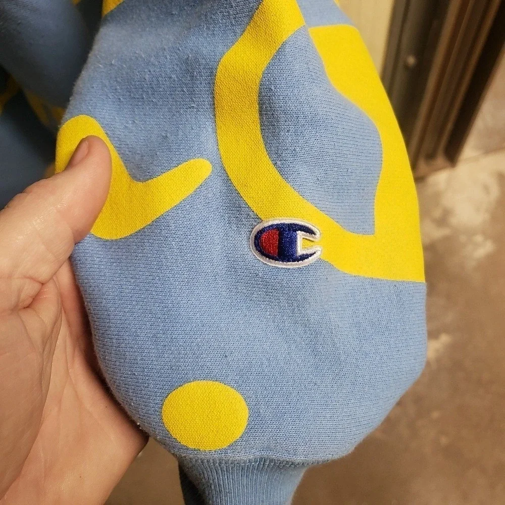 Champion Reverse Weave Hoodie Mens XL Blue Yellow All Over Script Logo Retro 90s